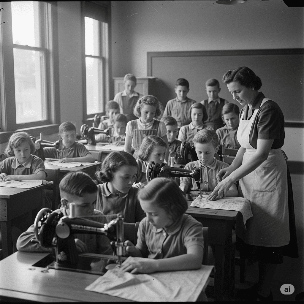 gammel skole klasse som får undervisning i at bruge en symaskine. billedet er genereret af ai